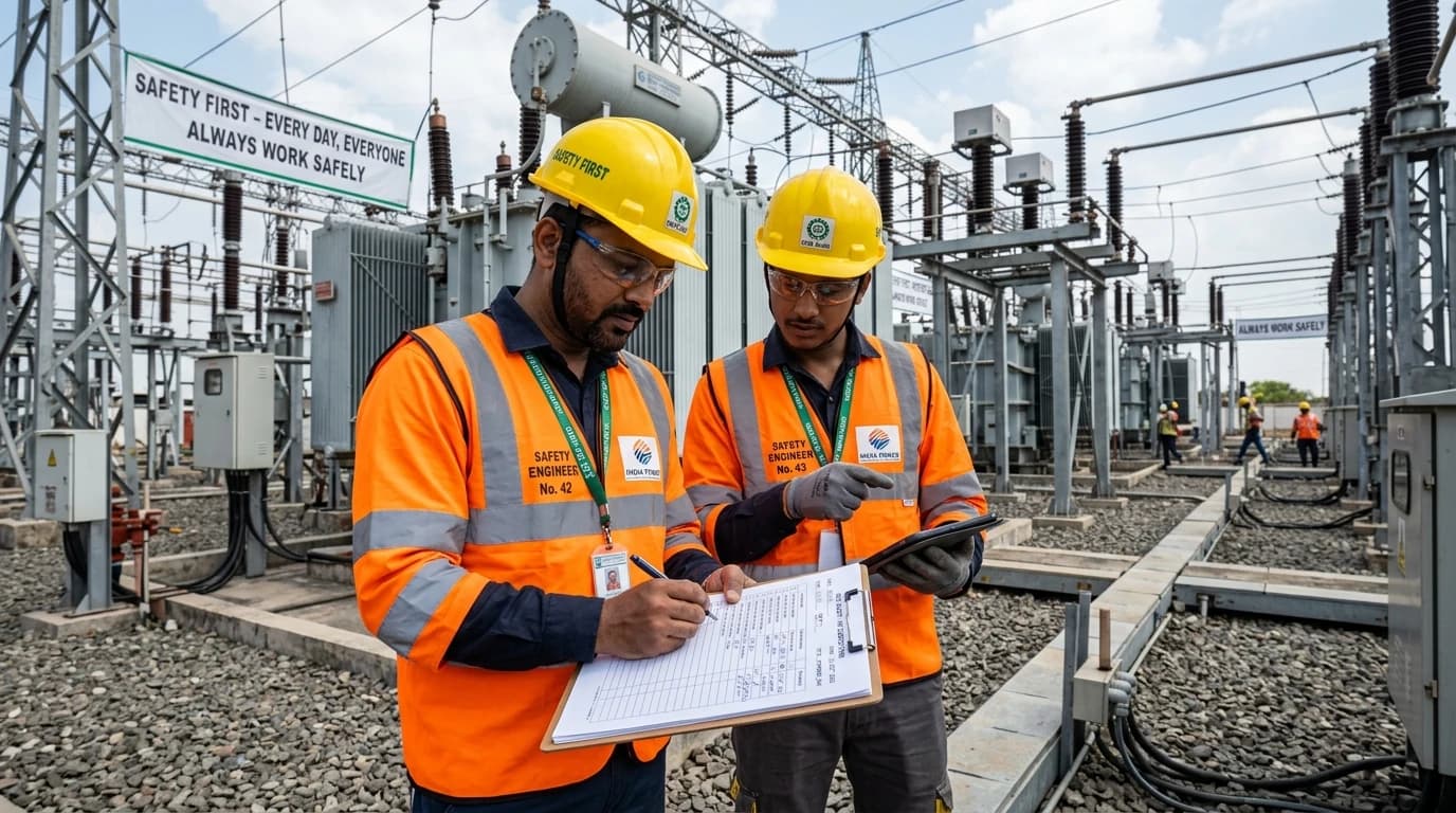Indian safety engineers conducting HSE compliance audit at high-voltage substation yard