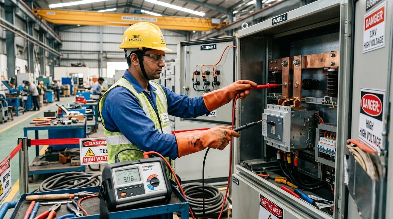 Indian test engineer conducting dielectric and insulation resistance FAT test on switchboard