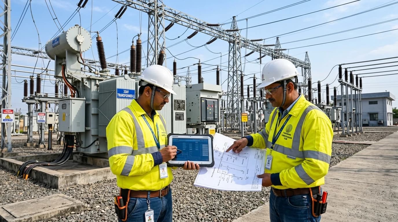Indian substation engineers synchronizing high-voltage switchyard with electrical grid